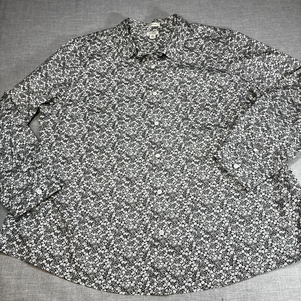 LL BEAN Womens 3X Black White Floral Wrinkle-Free 100% Cotton Shirt Long Sleeve